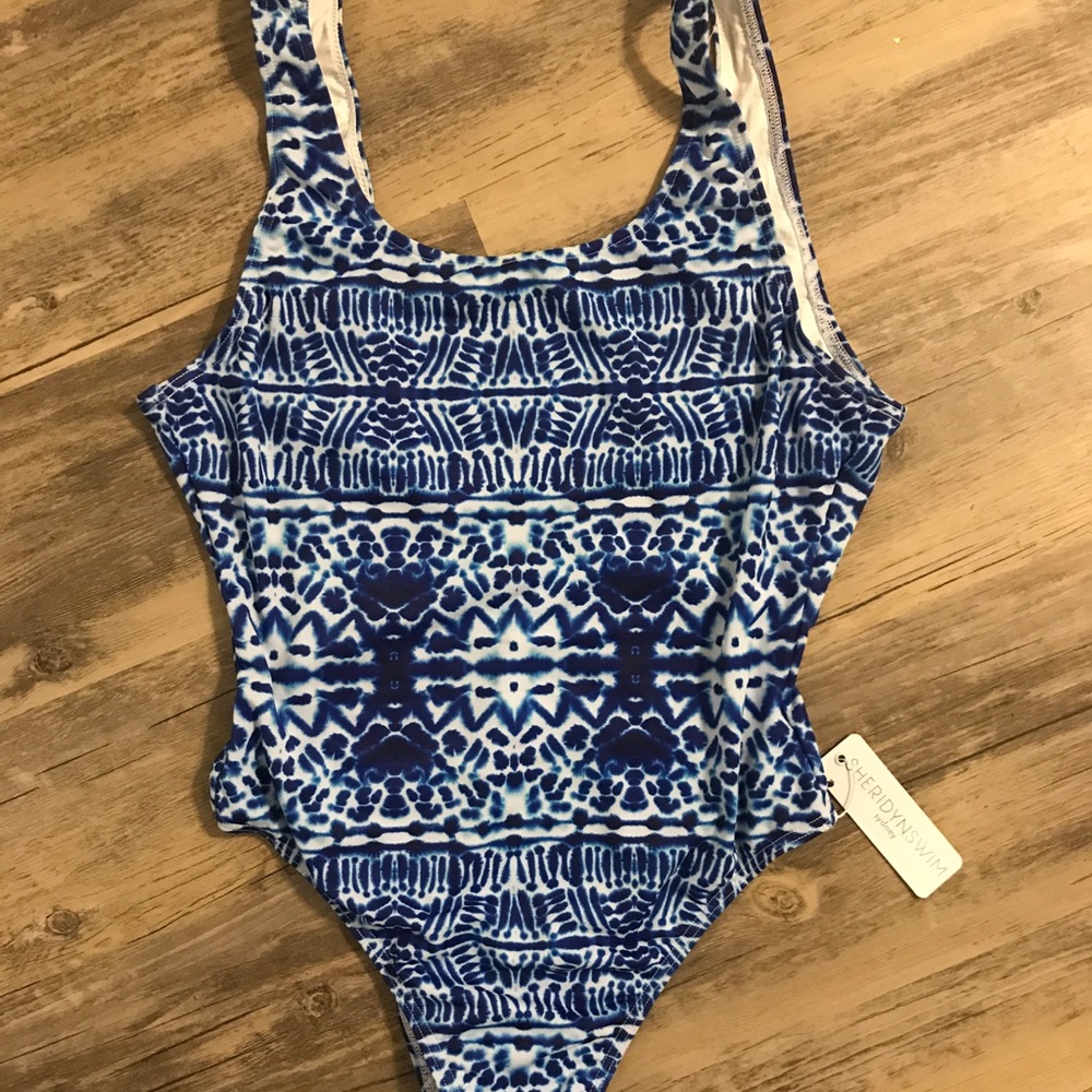 Navy tie dye one piece bathing suit